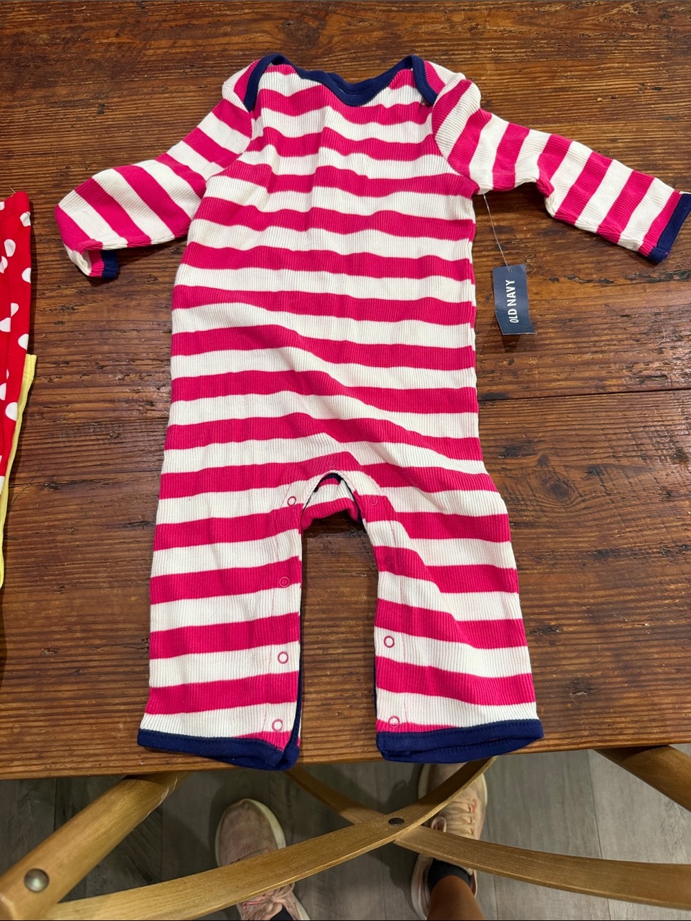 Old Navy Hot Pink and White Striped Baby Footie with Navy Trim